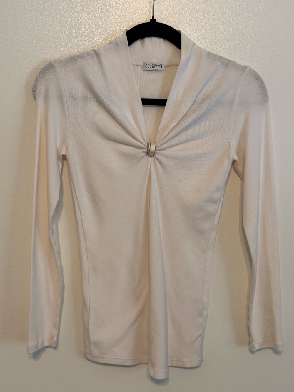 Vintage Brunello Cucinelli Ivory V Neck Long Sleeve Top with Silk Detail